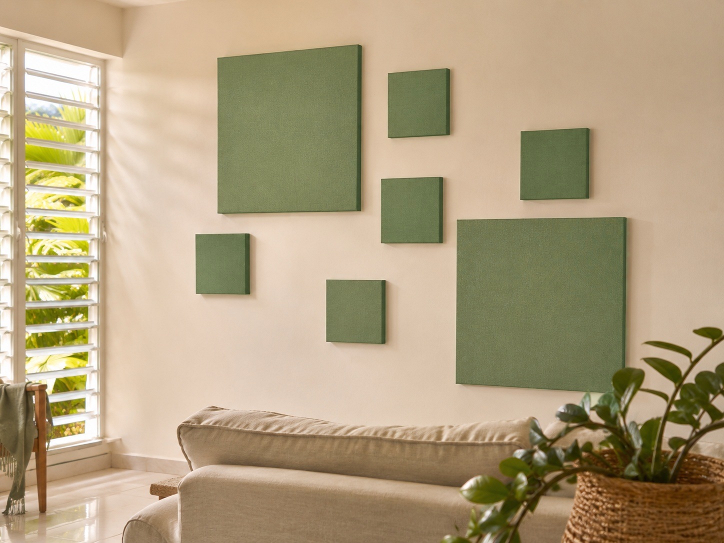 Sept panneaux Olive composés sur un mur de séjour